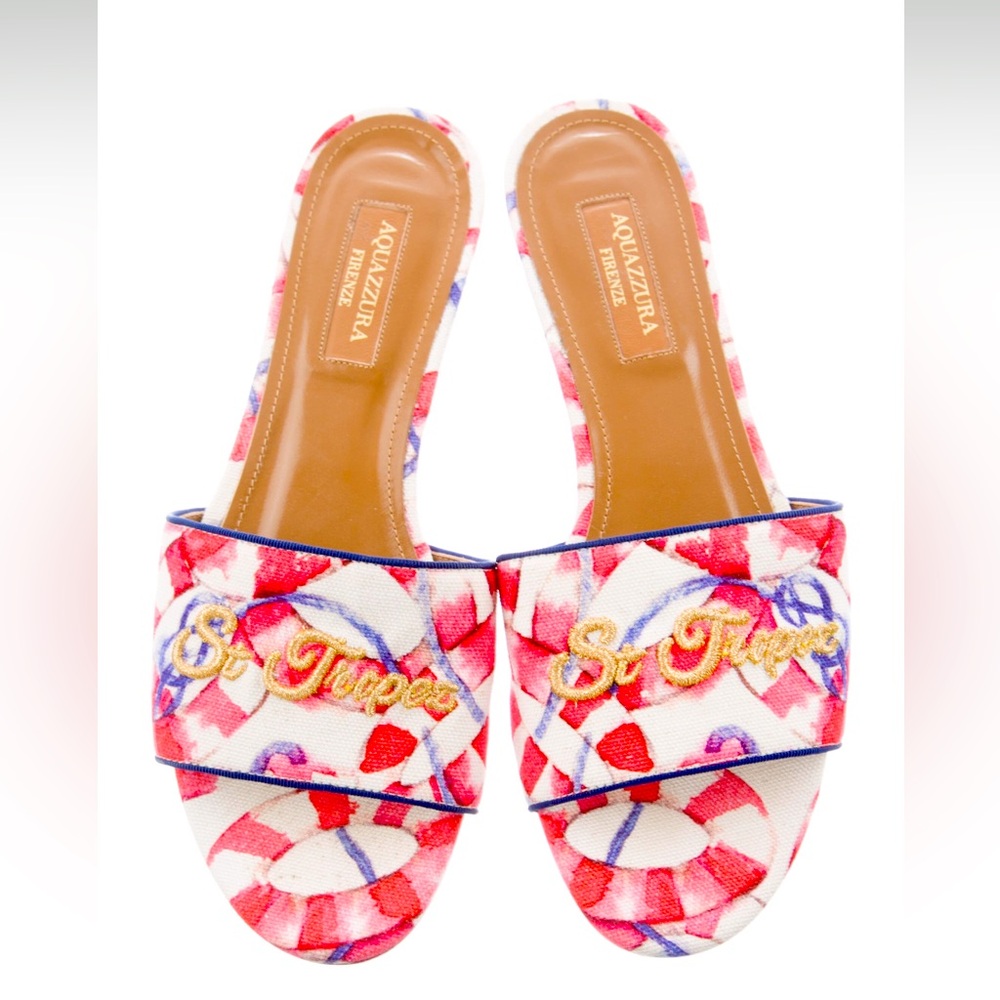 St. Tropez Embroidered Slide Sandals, Pink/white